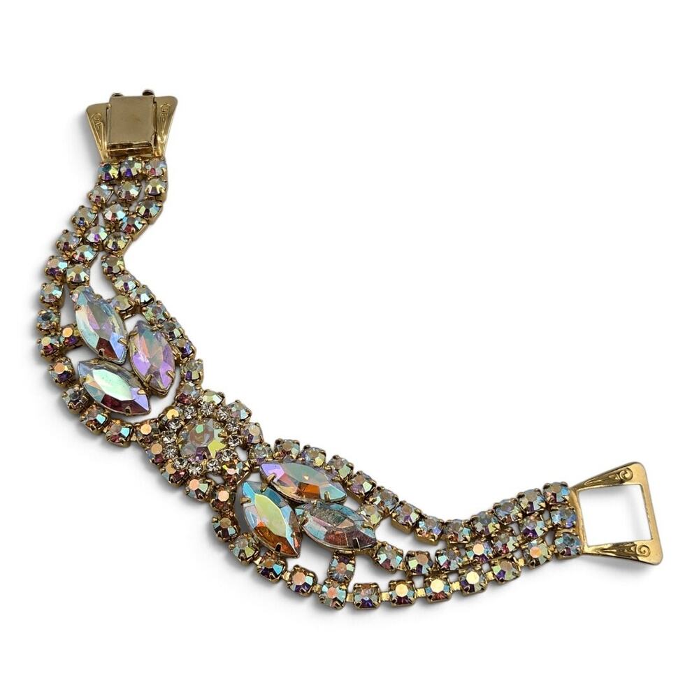 Vintage 1950s 60s Aurora Borealis Rhinestone Bracelet Gold Tone 7.5"
